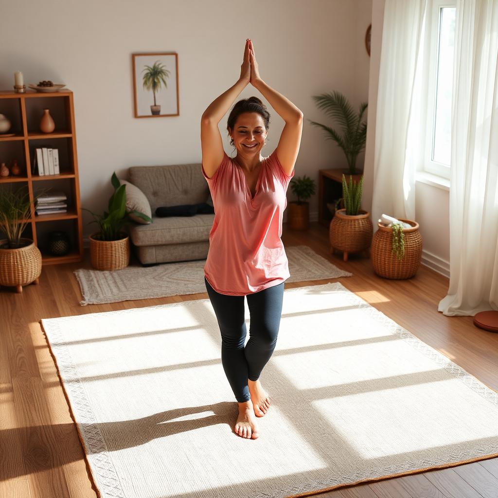 Gestante praticando yoga suave em casa